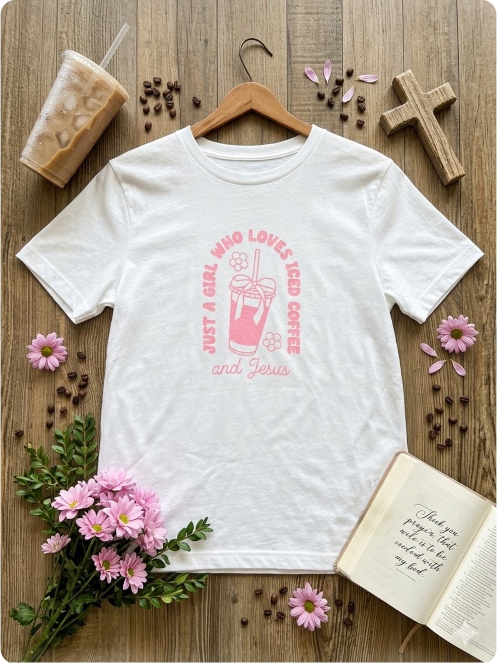 George White Tee with Pink Iced Coffee & Faith Graphic